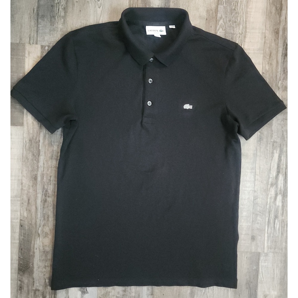 Lacoste Polo Shirt Mens Medium Black Slim Fit Pique Cotton Short Sleeve Logo